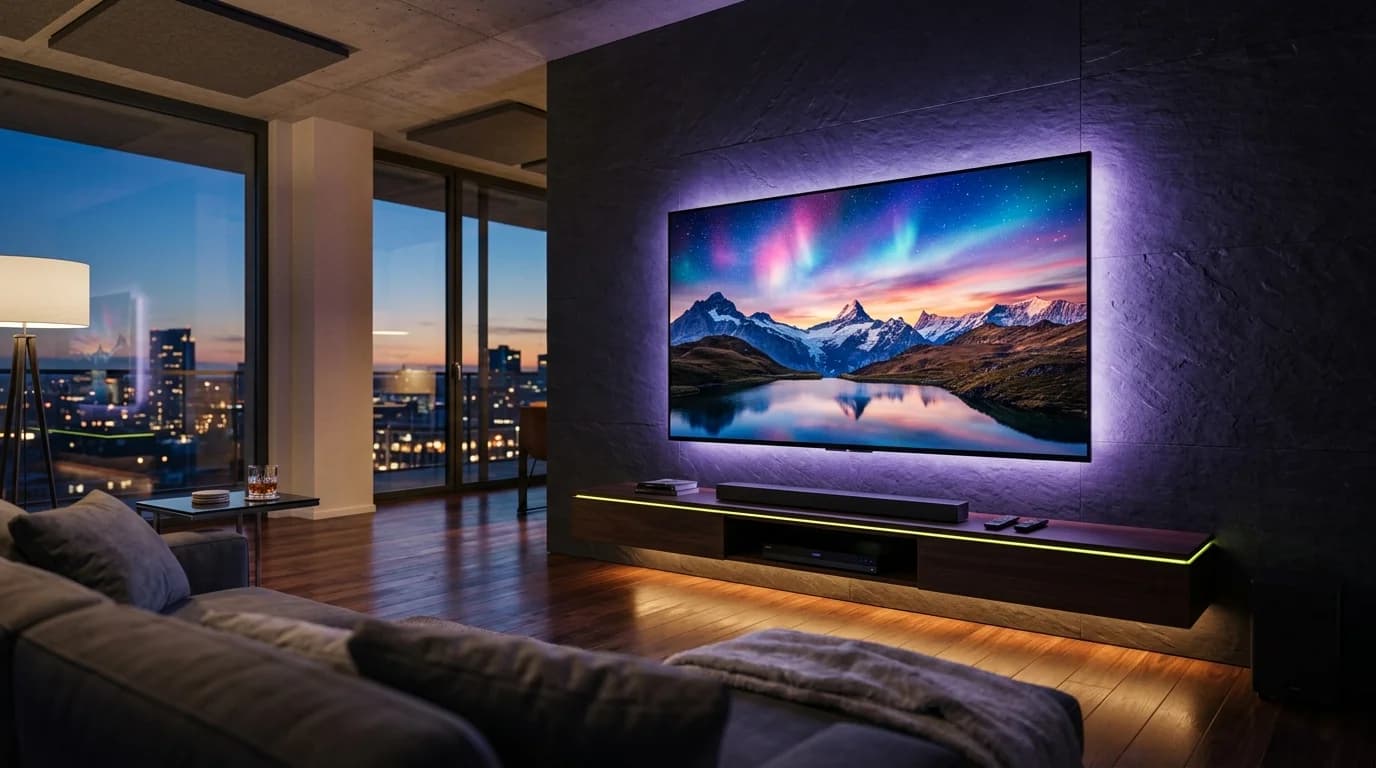 Cinematic home entertainment setup streaming 4K ultra-high-definition IPTV content on a widescreen television